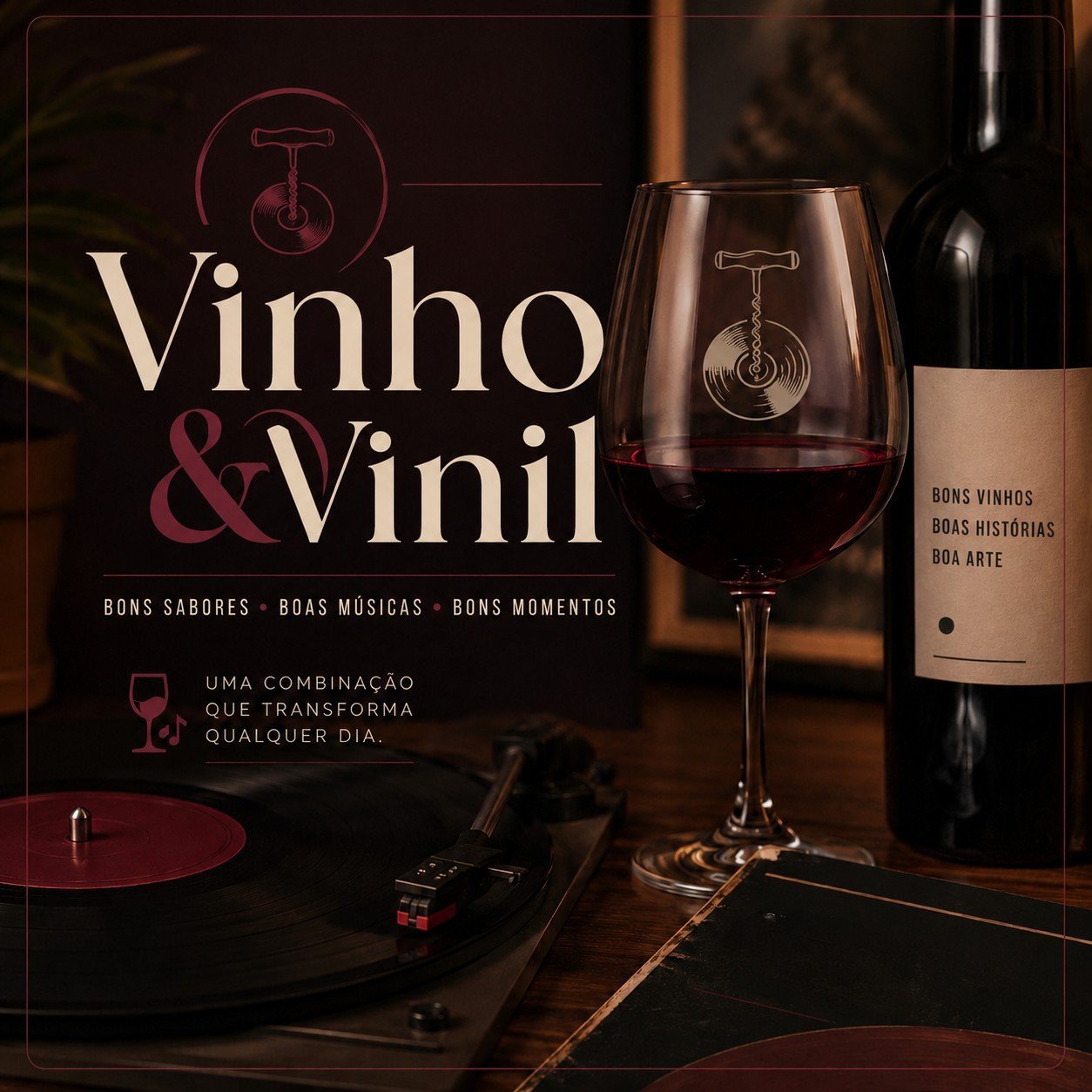 Taça de vinho tinto, garrafa e toca-discos com vinil — identidade visual Vinho & Vinil